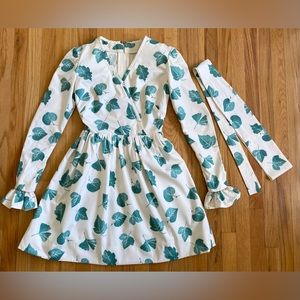 Vintage Belted Midi Dress *Small* Ivory Leaf Print Long Sleeve Dress
